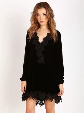 FREE PEOPLE Black Luxe Velvet Dreams Lace Mini Dress XS Pockets Crochet Details